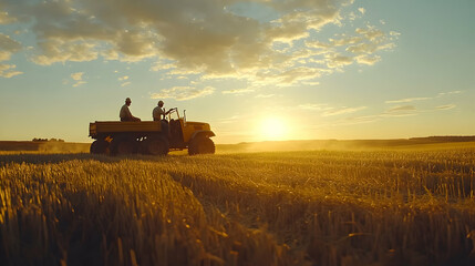 Naklejka premium Golden Hour Harvest: Farmers Driving Through Wheat Field at Suns