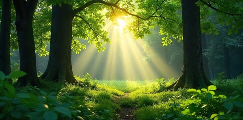 A tranquil forest scene with gentle sunlight filtering through leaves, creating a peaceful and serene soundscape Ideal for relaxation, meditation, or nature documentaries , earthy tones, spring