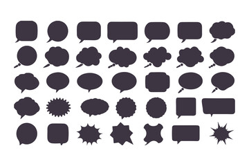 Set of black speech bubble icons. Collection of various callouts for comic, manga, and chat. Flat vector silhouette dialogue boxes.
