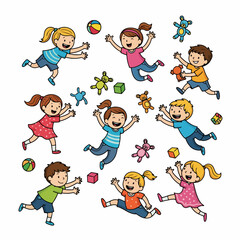 Happy children playing with toys, joyful kids, colorful scene