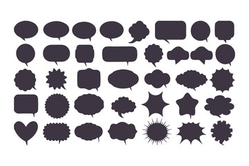 Set of black speech bubble icons. Collection of various callouts for comic, manga, and chat. Flat vector silhouette dialogue boxes.