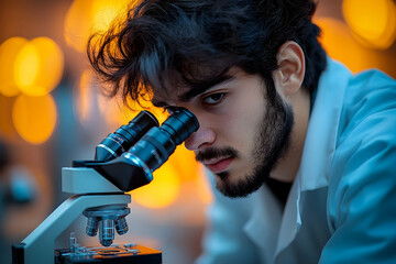 Intense gaze of young scientist peering through microscope in a