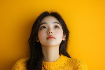 Young Asian woman looking up with a thoughtful expression, as if dreaming up new ideas, Generative AI