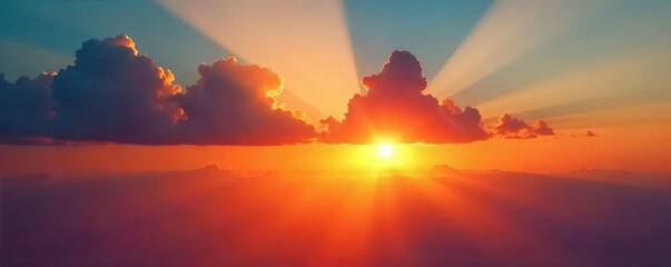Breathtaking Golden Hour Sunset Sunbeams Pierce Clouds, Casting Long Shadows Across Dramatic Sky
