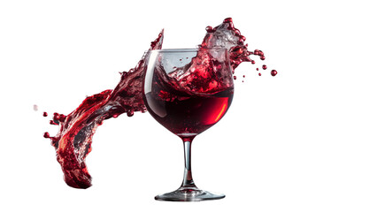 A glass of red wine is splashing dramatically, isolated on transparent background