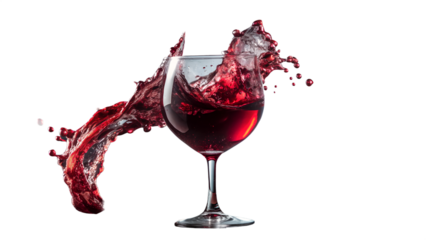 A glass of red wine is splashing dramatically, isolated on transparent background