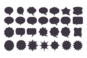 Set of black speech bubble icons. Collection of various callouts for comic, manga, and chat. Flat vector silhouette dialogue boxes.