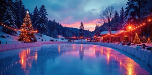 Ice Skating Rink at Twilight A Vibrant Winter Scene Glistening Under Soft Ambient Lighting, Perfect for Holiday and Seasonal Advertising