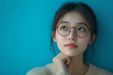 Young Asian woman looking up with a thoughtful expression, as if dreaming up new ideas, Generative AI