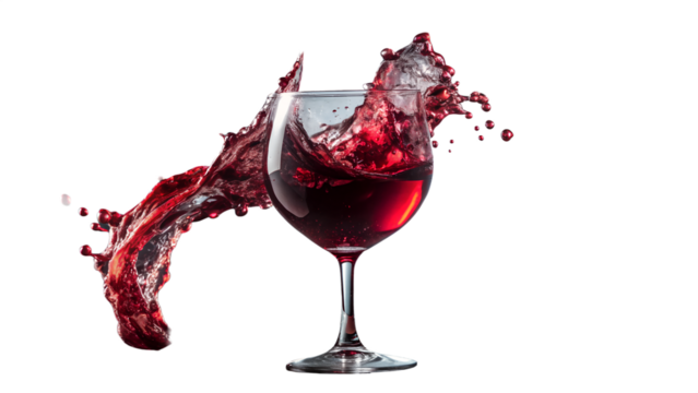 A glass of red wine is splashing dramatically, isolated on transparent background