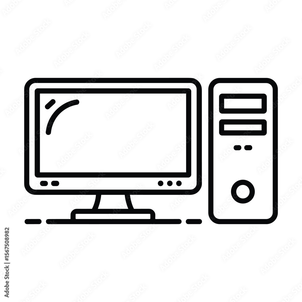 Fototapete Simple black and white outline icon of a desktop computer with monitor and tower