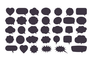 Set of black speech bubble icons. Collection of various callouts for comic, manga, and chat. Flat vector silhouette dialogue boxes.