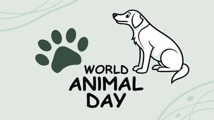 World Animal Day:  A charming illustration featuring a serene white dog, a dark green paw print, and a soft, pastel green background, perfect for animal welfare campaigns and pet-related businesses.