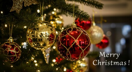 Festive Christmas tree adorned with red, gold, and cream ornaments, sparkling lights, and warm bokeh