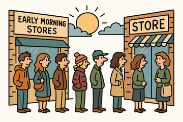Queues at stores early morning people waiting line