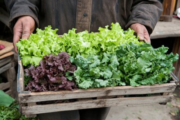 Fresh from the farm: A gardener carrying a crate of fresh lettuce, preparing to sell it to a customer, Generative AI