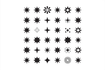 A diverse collection of black and white star illustrations with various shapes and designs