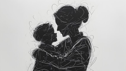 Beautiful illustration depicts the tender moment of a mother lovingly embracing her child, creating a heartwarming scene of familial love and maternal affection rendered in shades of black and white.