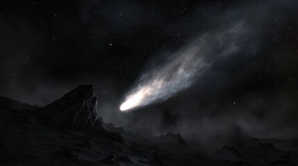 A comet streaking across the night sky, leaving a trail of light and smoke.