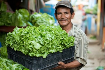 Fresh from the farm: A gardener carrying a crate of fresh lettuce, preparing to sell it to a customer, Generative AI