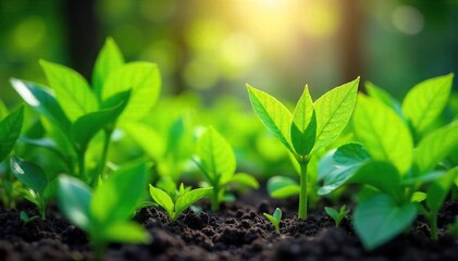 Vibrant Sunlight Dapples Lush Organic Garden, Healthy Foliage Thrives in Fertile Soil, Woodland Scene
