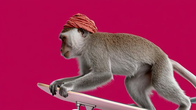 Monkey is wearing a red hat and holding a skateboard. The image has a playful and lighthearted mood, as the monkey is dressed up and posing with the skateboard