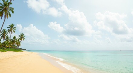 Fototapeta premium Idyllic tropical beach scene; golden sand, turquoise water, palm trees sway gently under a bright sky dotted with fluffy clouds