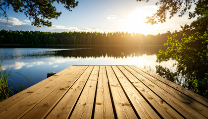 Sunset lake with wooden dock, and tranquility.