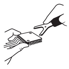 Obraz premium Illustration of a hand using tweezers to handle a semiconductor computer chip