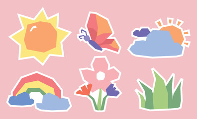 Flat Color Whimsical Nature and Weather Sticker Set with Soft Color in Cutout Style