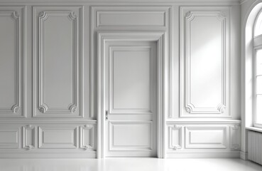 Monochrome vintage interior features symmetrical white room with classic door, ornate French molding. Architectural elegance defines high-end design, exquisite craftsmanship with grand sense of