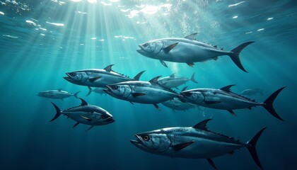 Obraz premium School of Tuna Fish Swimming Underwater