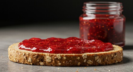 Obraz premium Whole wheat bread topped with strawberry jam