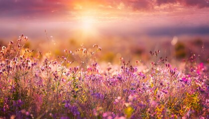 Field wildflowers, magical realm. Vibrant colors of sunset, sunrise