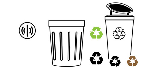 trash can icon Minimalist AI Trash Bin Icons with Smart Fill Sensors and Recycle Signs