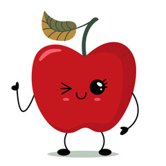 Cute red apple cartoon character with wink face