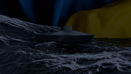 Ukrainian combat naval drone, modern unmanned watercraft against the background of the Ukrainian...