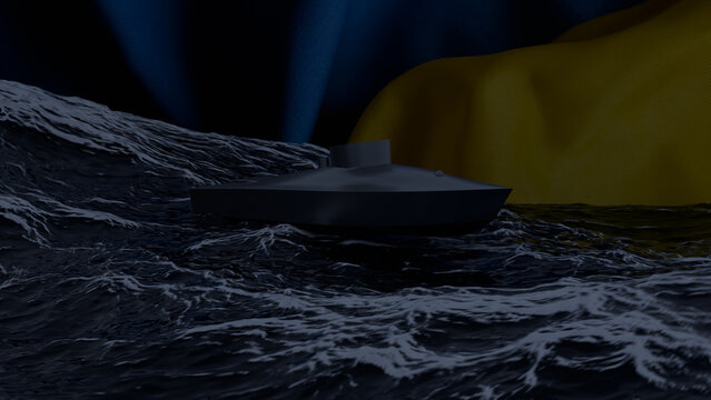 Ukrainian combat naval drone, modern unmanned watercraft against the background of the Ukrainian flag in the sea