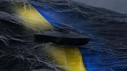 Ukrainian combat naval drone, modern unmanned watercraft against the background of the Ukrainian...