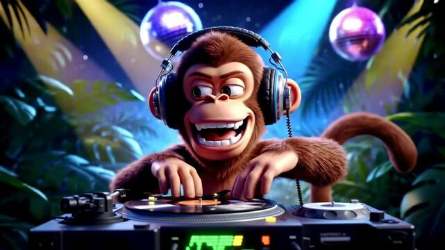 A cartoon monkey DJ smiles while mixing music with turntables under disco balls and jungle foliage.