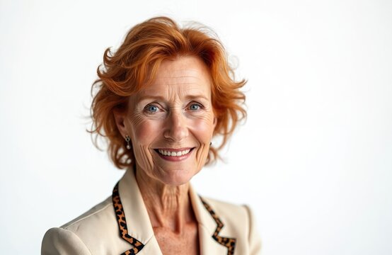 Cheerful older woman with natural red hair, blue eyes, freckles visible on face. Smiling confidently, presenting joyful, healthy lifestyle. Elegant attire, bright expression suggest active, modern