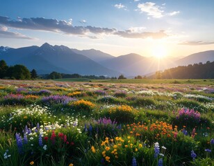 Obraz premium Field wildflowers, magical realm. Vibrant colors of sunset, sunrise
