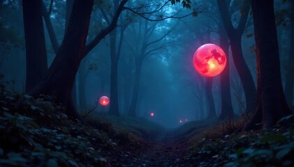Ethereal Glowing Orbs Illuminate a Dark Forest Fantasy Horror Stock Photo