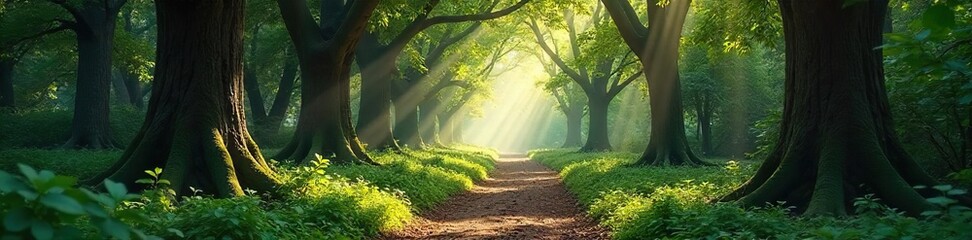 Sunlit Path Winding Through an Enchanted Forest A Magical Atmosphere Perfect for Fantasy and Fairytale Themes