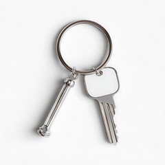 Modern Silver Keyring with Blank Tag and Cylinder Charm Minimalist Design, Clean Background.