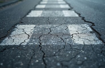 Obraz premium Close-up of cracked asphalt texture with white road markings for pedestrian crossing. Grey pavement surface displays urban street detail. Worn infrastructure shows transportation, construction