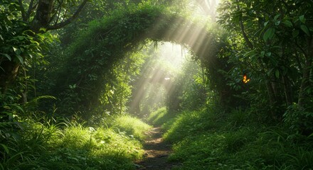 Sunlight streams through a verdant archway in a lush forest