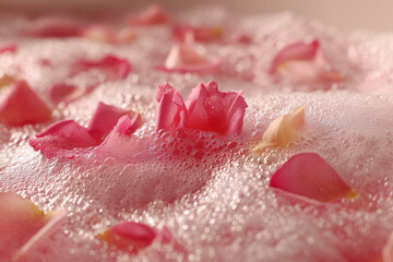 Rose Petals on Foamy Surface. Rose petals on foamy bubbles suggest relaxation and spa. Ideal for wellness, romantic occasions, or relaxation themes.