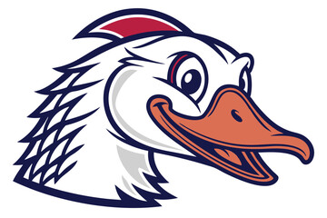 Cheerful white goose head features dark blue outline and an orange beak showing smile