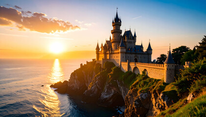 Fototapeta premium Sunset over coastal fairytale castle.